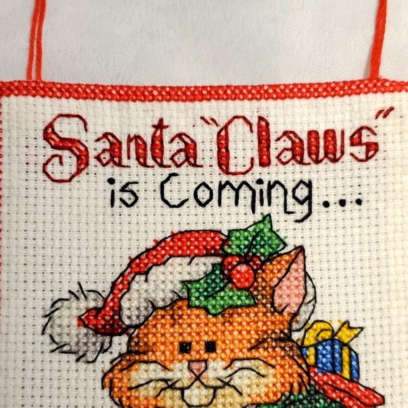 Cross Stitch Christmas Banner Cat Santa Claws Dimensions  Metal Hanger - Picture 4 of 7
